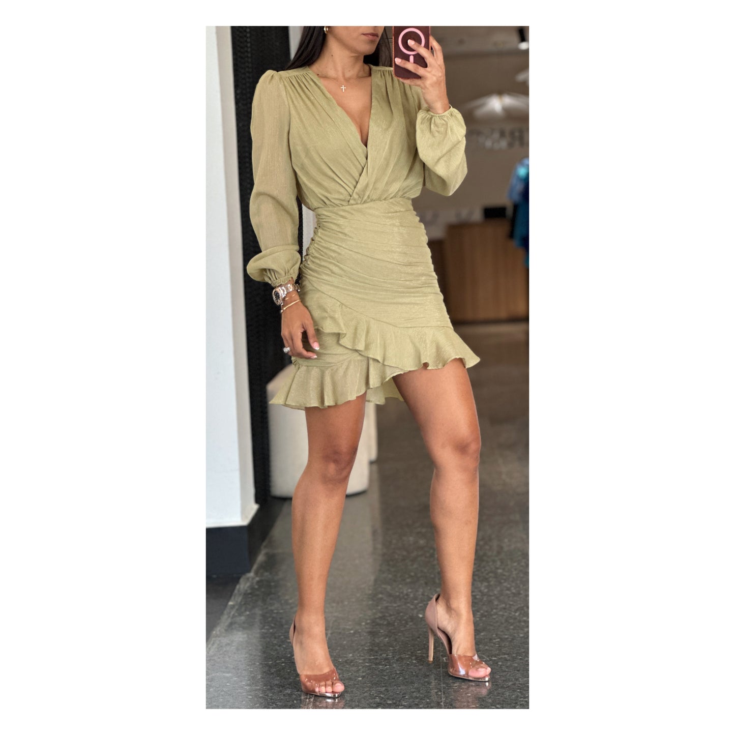 SAGE RUFFLED BOTTOM LONG SLEEVE MINI DRESS