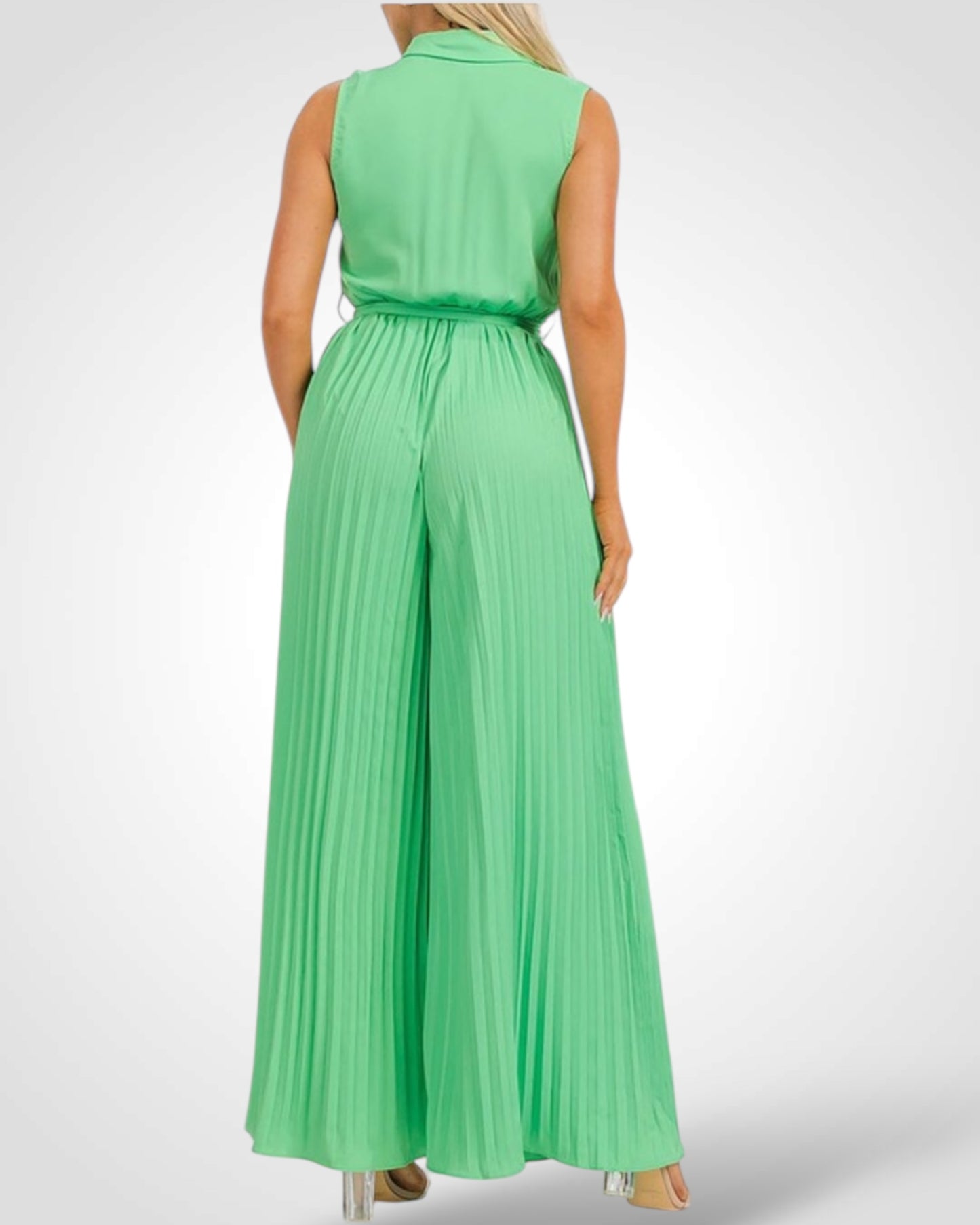 SOLID COLLARED PLEATS DETAIL WIDE LEG JUMPSUITS