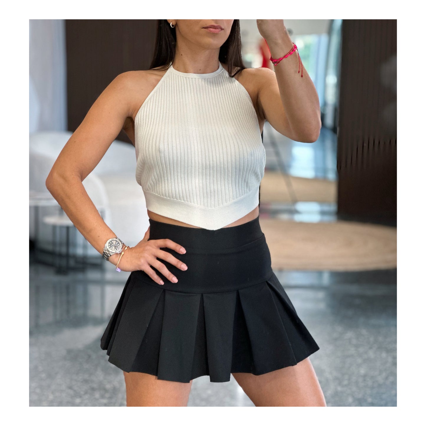 RIBBED KNIT HANDKERCHIEF HALTER CROP TOP