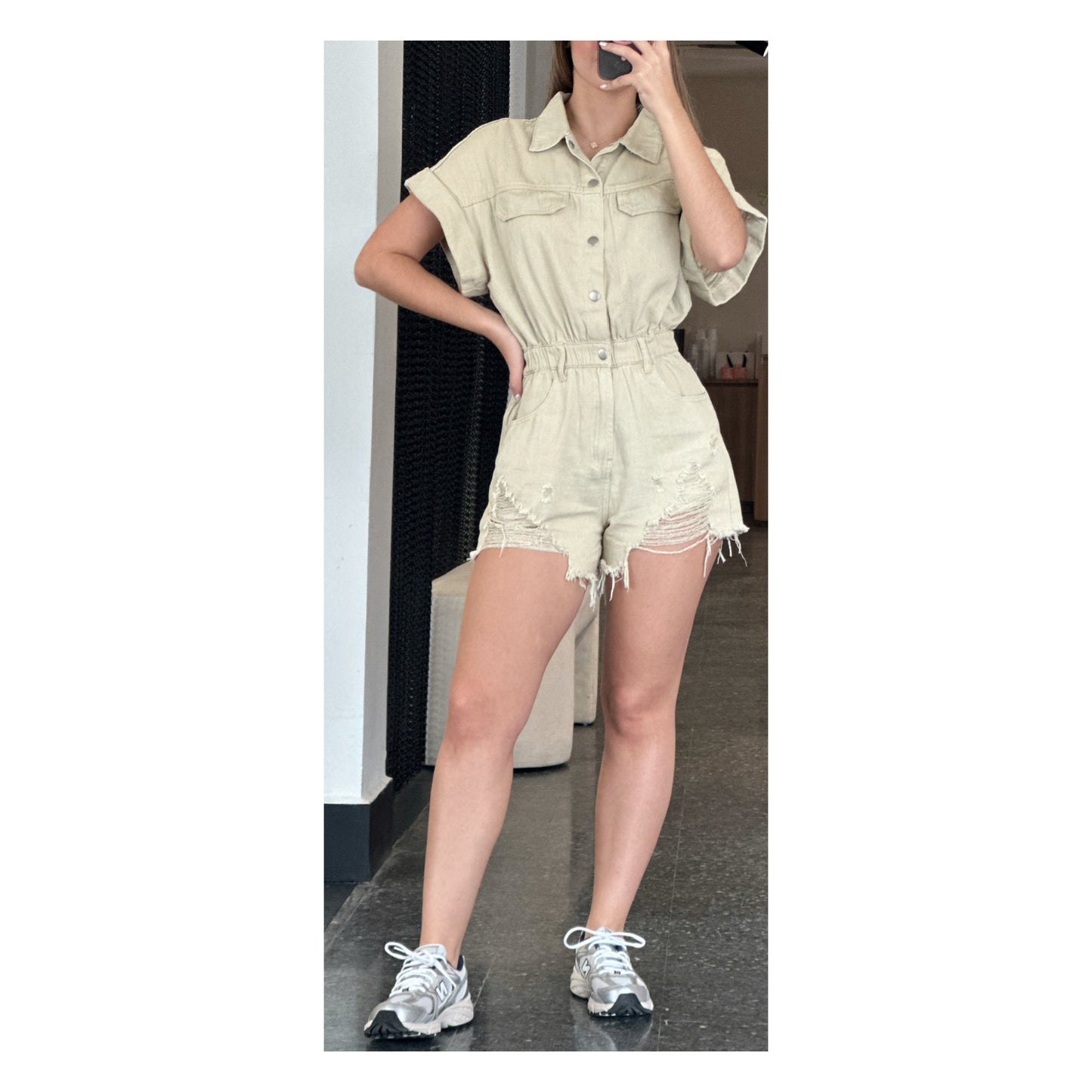 BUTTON UP POCKETS DISTRESS DENIM ROMPER