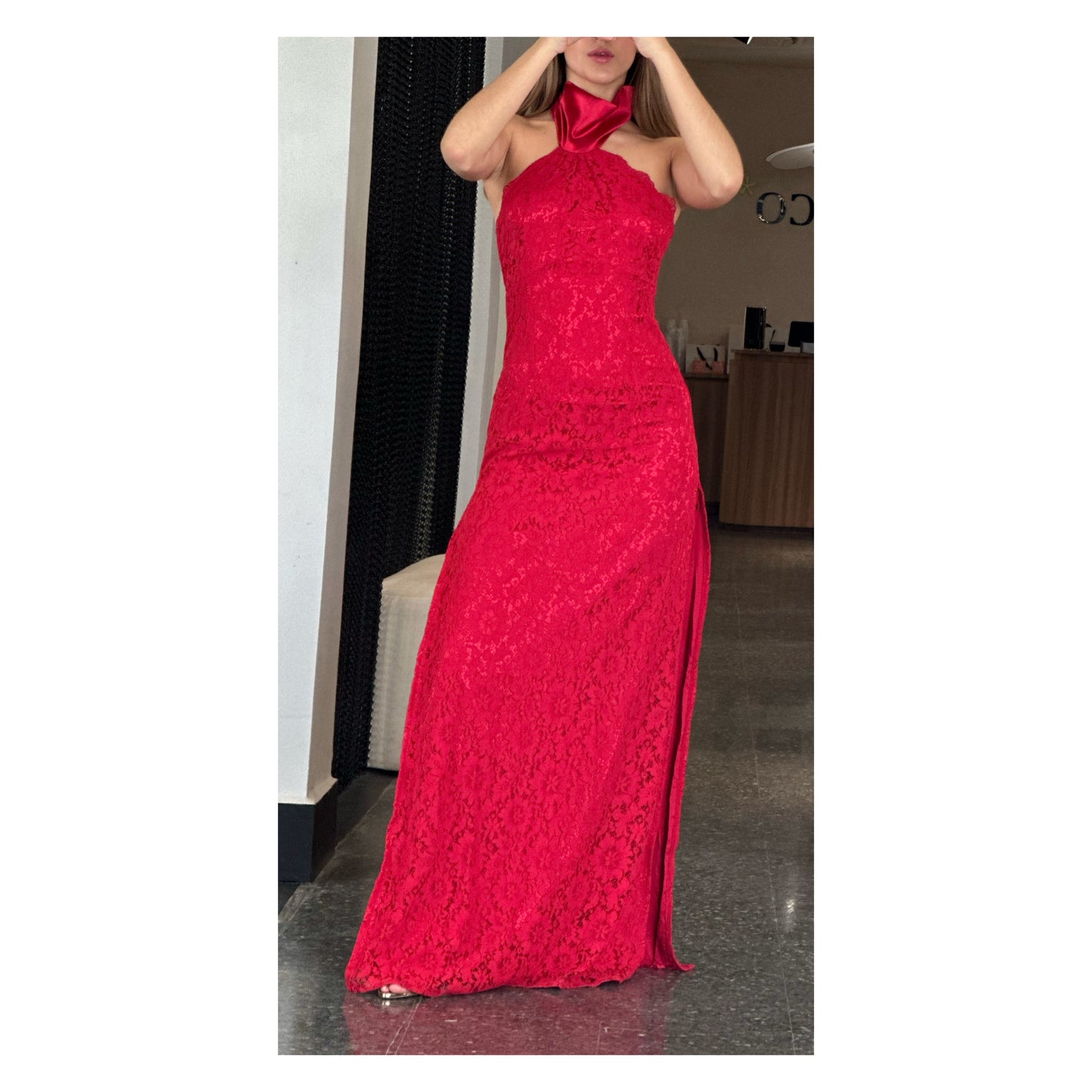 RED FLORAL LACE HALTER TIE MAXI DRESS