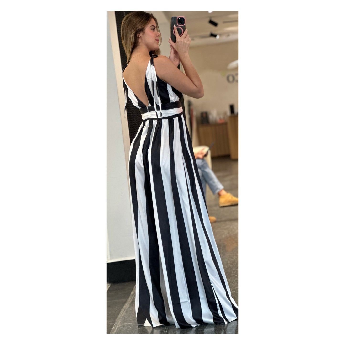 SATIN WIDE EVEN STRIPE WIDE LEG JUMPSUIT