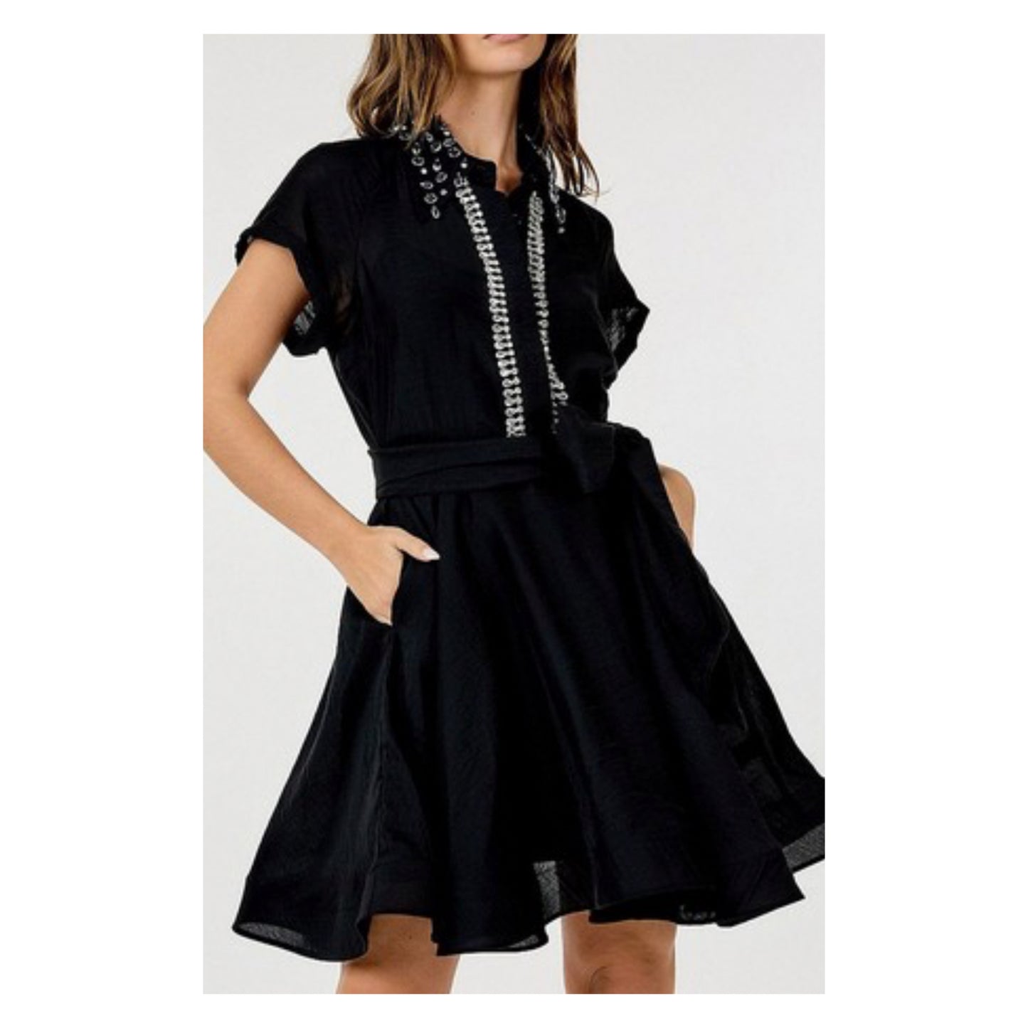 BUTTON UP SELF TIE STUDS DETAILED MINI DRESS