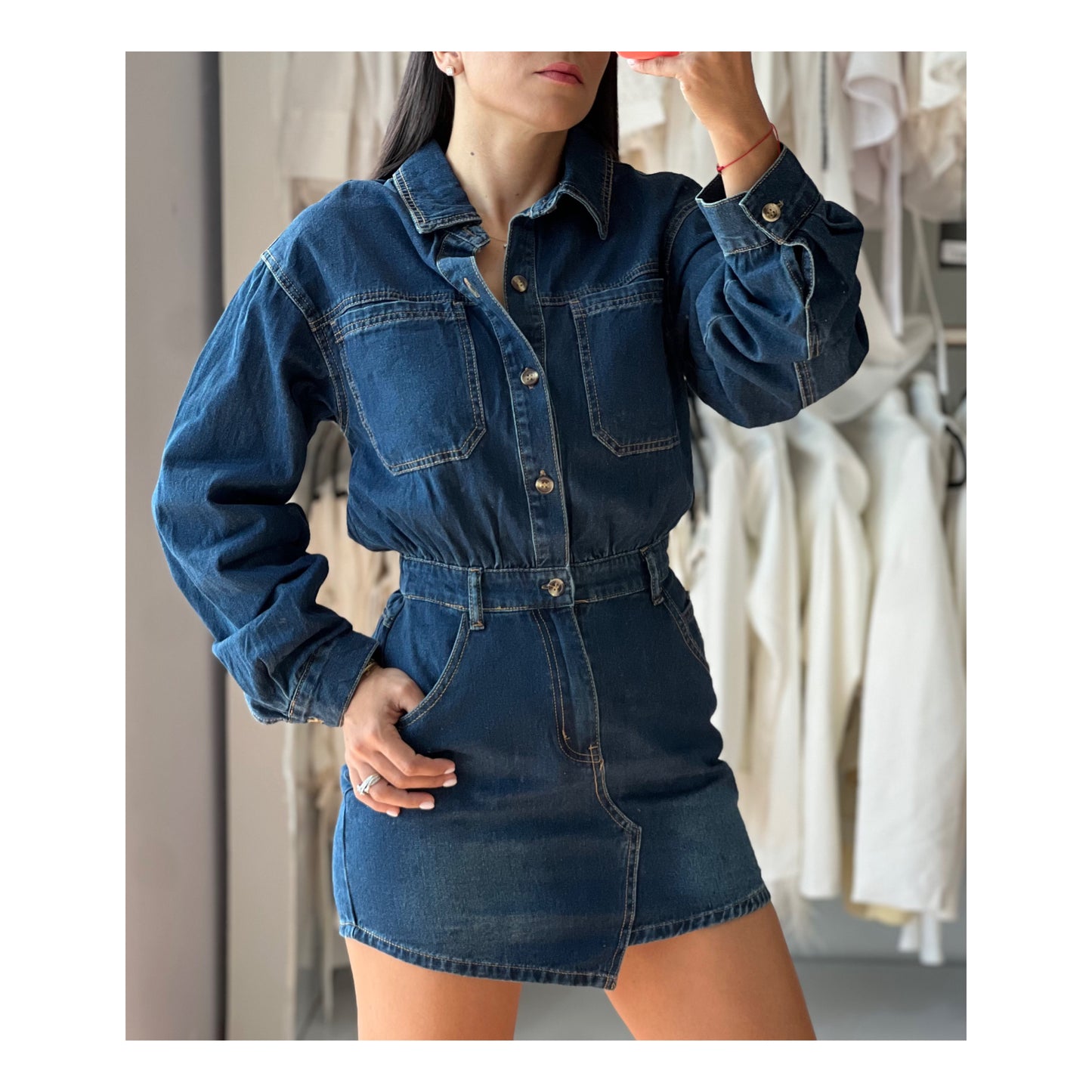 BUTTON DOWN DENIM CINCHED WAIST MINI DRESS