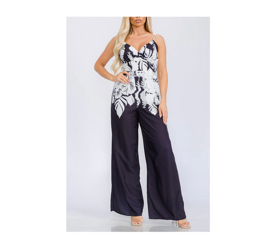 V-NECK BELTED MULTI PRINT WIDE LEG JUMPSUIT