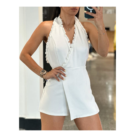 OPEN BACK RUFFLE DETAILED V-NECK ROMPER