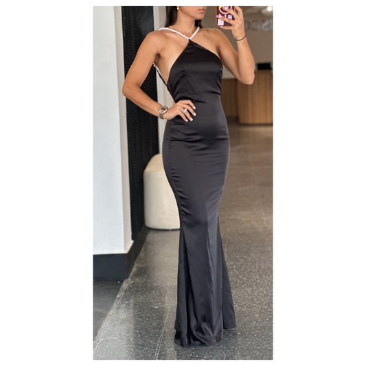 HALTER NECK MAXI SATIN DRESS WITH PEARL STRAP