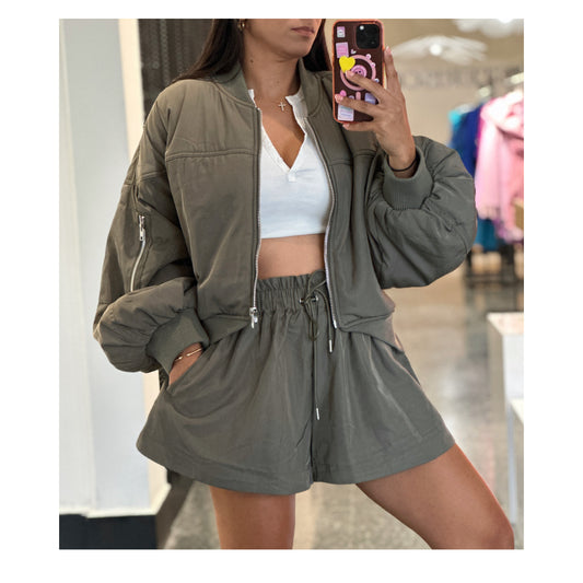 PUFF SLEEVE BOMBER JACKET AND SHORTS SET