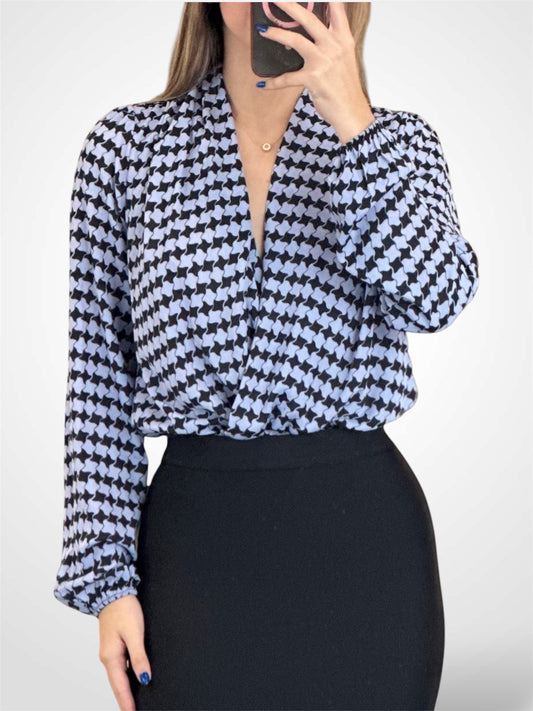 HOUNDSTOOTH V-NECK WRAP BODYSUIT