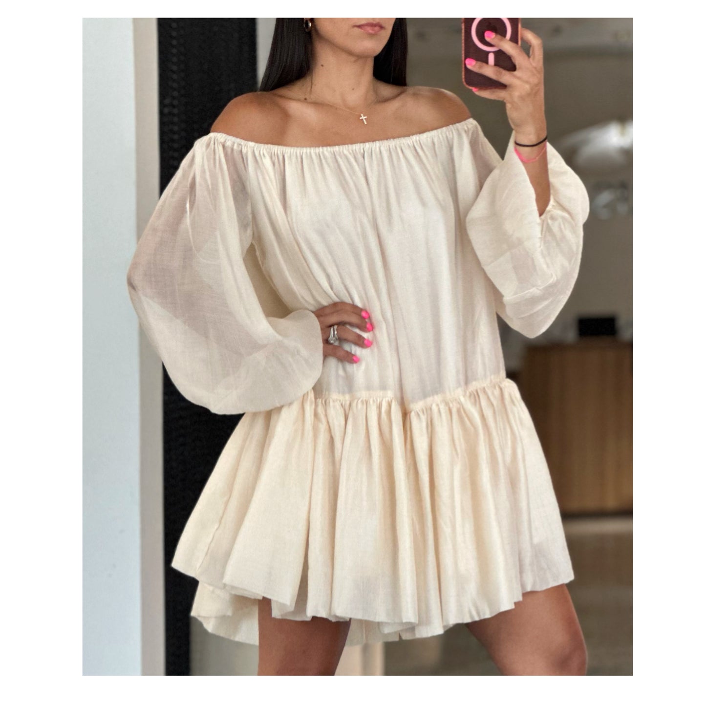 SJQ- OFF SHOULDER PUFFY MINI DRESS