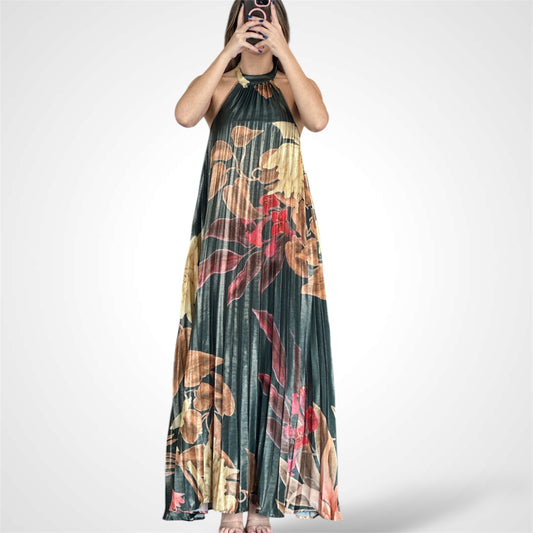 PLEATED FLORAL PRINT HALTER MAXI DRESS