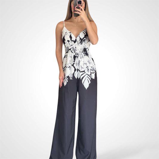 V-NECK BELTED MULTI PRINT WIDE LEG JUMPSUIT