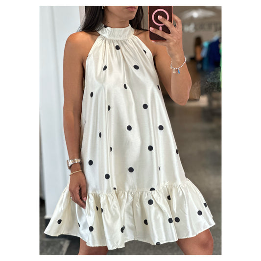 CREAM POLKA DOT HALTER NECK TIERED RUFFLE HEM MINI DRESS