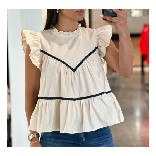 IVORY NECKLINE RUFFLE TOP