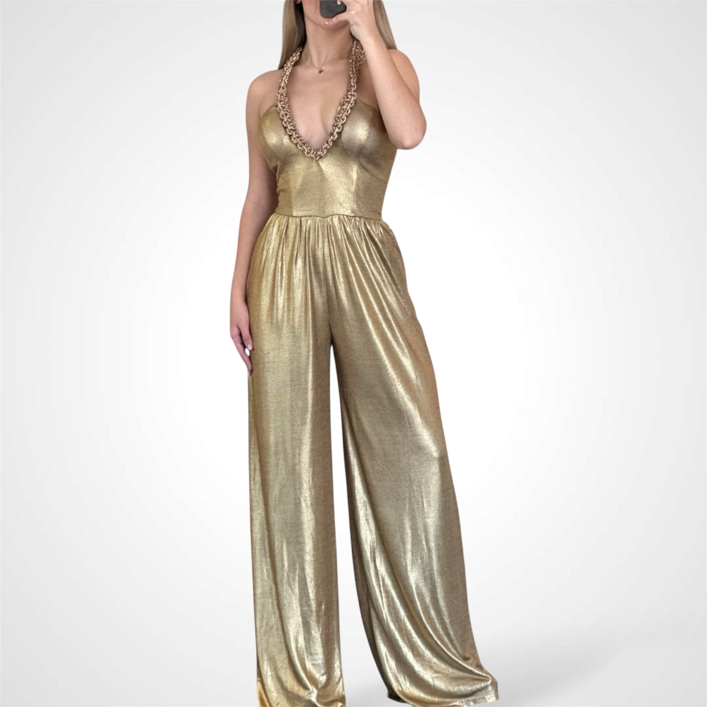 GOLD BRAIDED RHINESTONE METALLIC JUMPSUIT