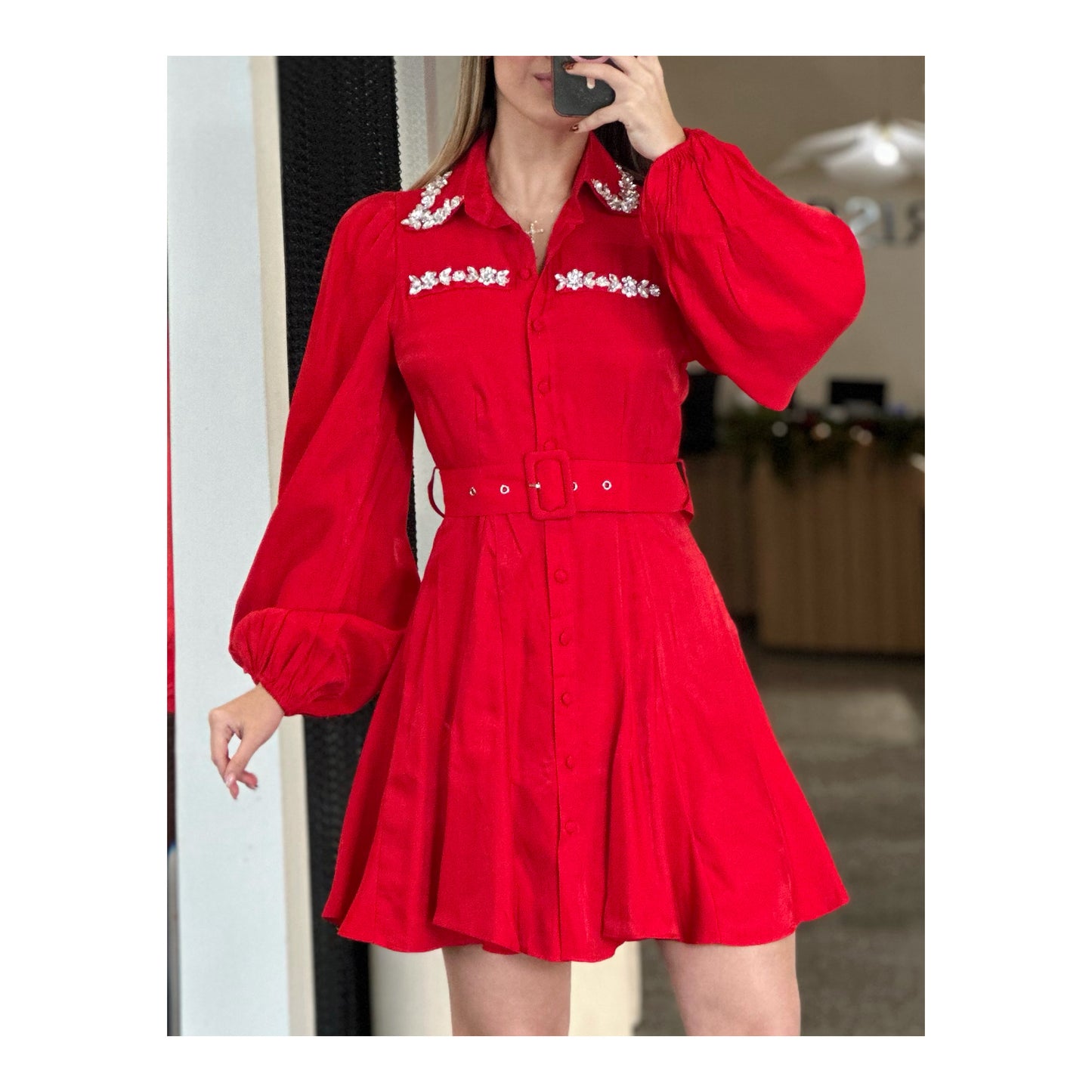 RED LONG SLEEVE SHORT DRESS