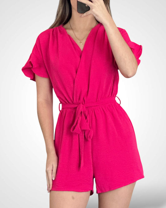 FUCHSIA RUFFLE SLEEVE SURPLICE WAIST SELF TIE ROMPER