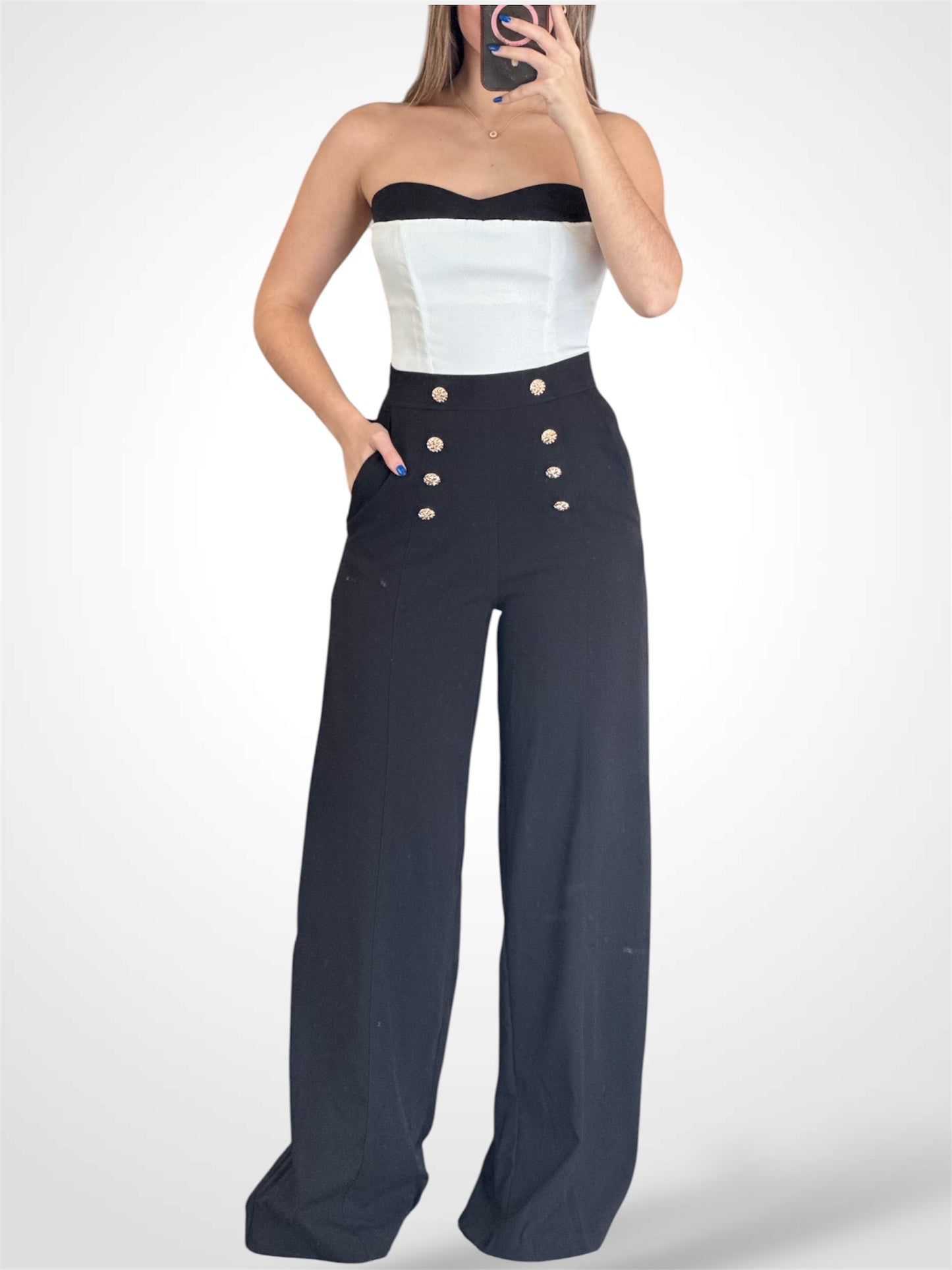 BLACK SOLID BUTTON DETAIL FRONT ZIP UP WIDE LEG PANTS