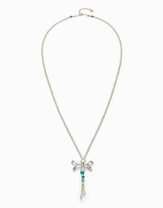 Uno de 50 Long sterling silver-plated necklace with dragonfly and green handcrafted crystals