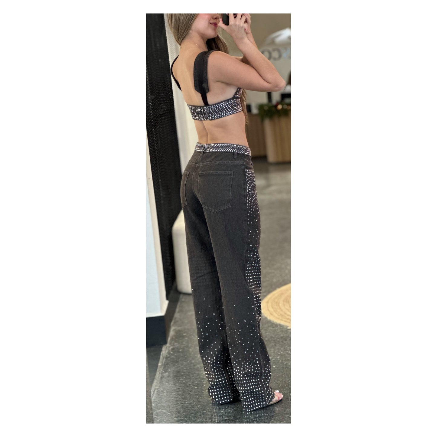 SJQ-CROP TOP WIDE LEG PANTS DENIM STUDS DETAIL SET