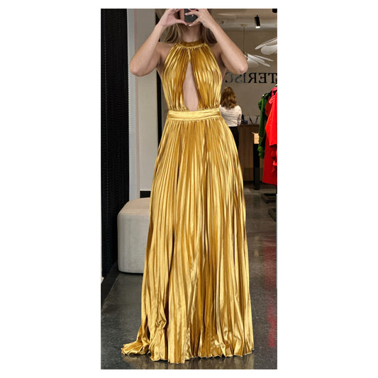 GOLD SATIN PLEATED HALTER DRESS