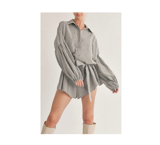 GREY LONG SLEEVE BUTTON UP SELF TIE STRIPES ROMPER