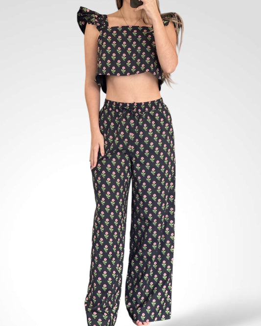 FLORAL PRINT RUFFLE TOP AND PANTS SET