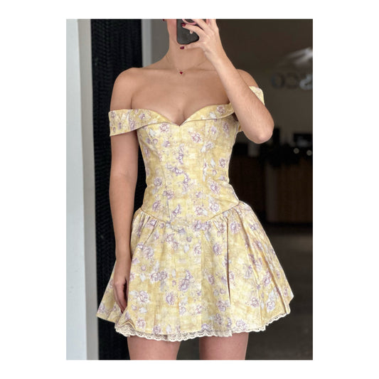 SJ Oana Floral Print Linen Off Shoulder Mini Dress