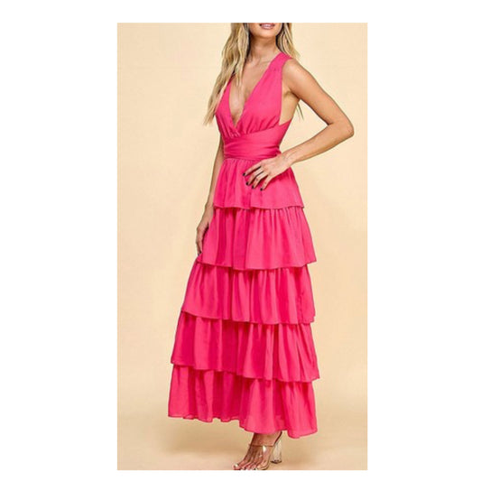 SLEEVELESS V-NECK OPEN BACK RUFFLE TIERED DRESS