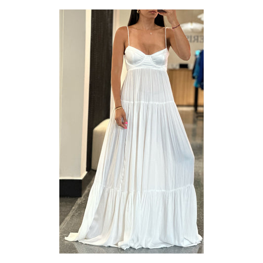 WHITE ELEGANT SILKY SLEEVELESS BRA TOP MAXI DRESS (White)