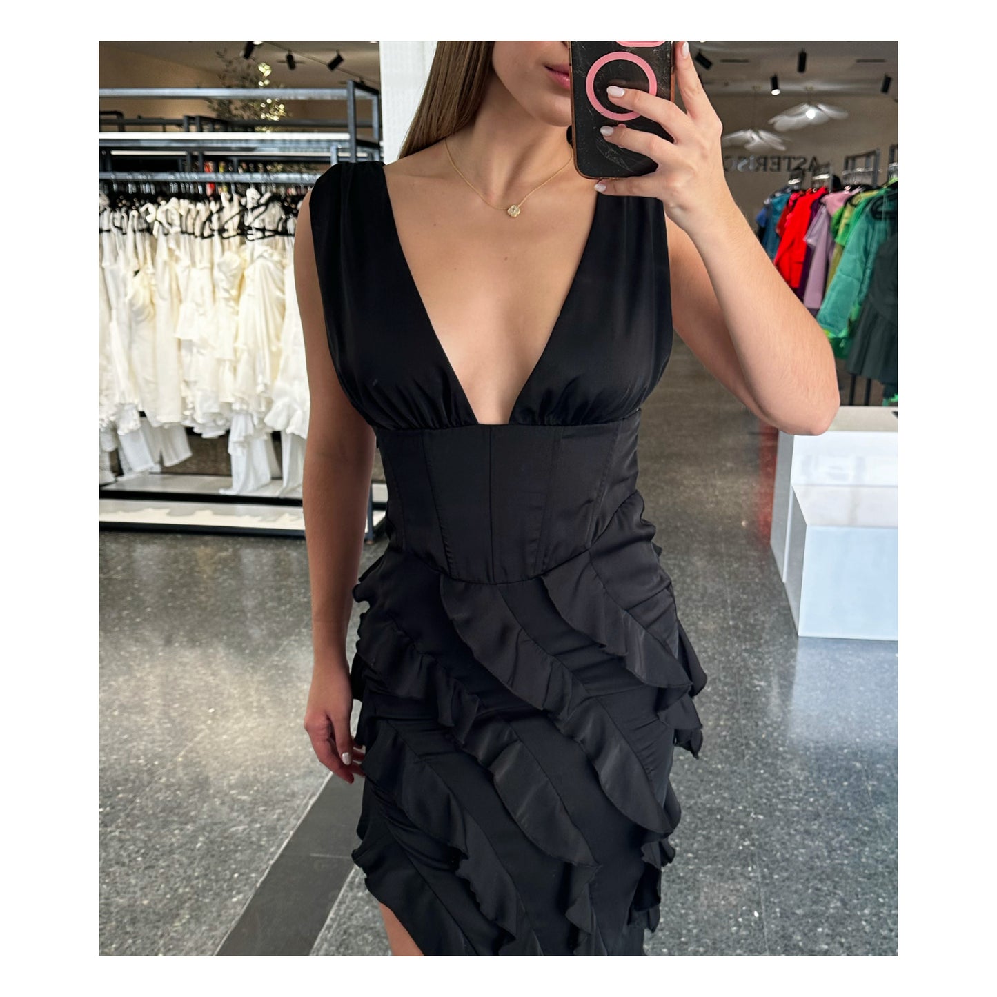 BLACK SATIN RUFFLE DETAIL CORSET MAXI DRESS