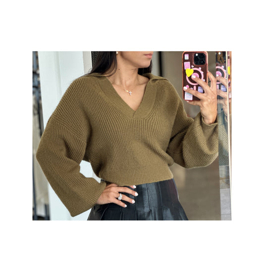 V NECK COLLARED PLAIN LIBBED CROPPED SWEATER