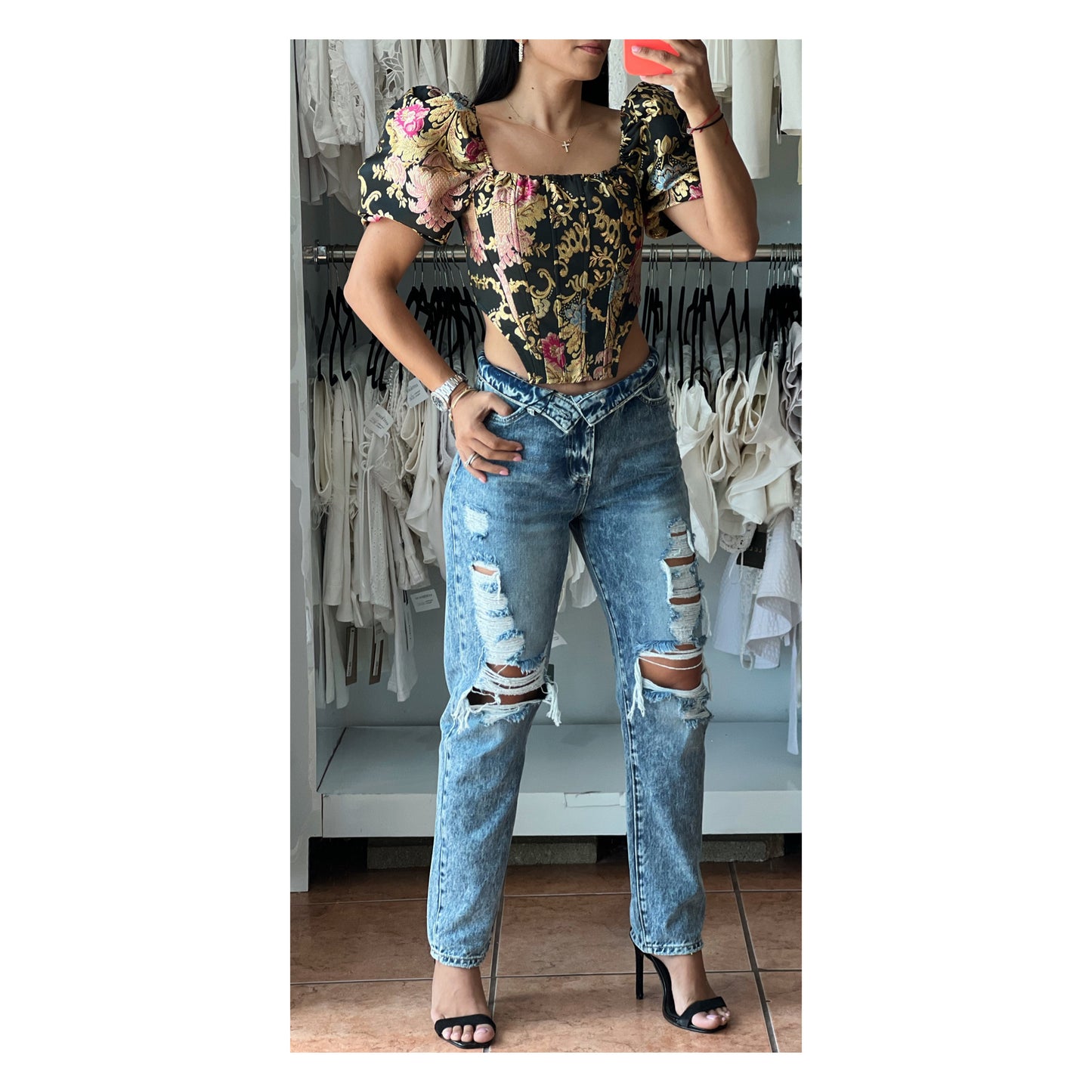 Puff Sleeve Floral Crop Top