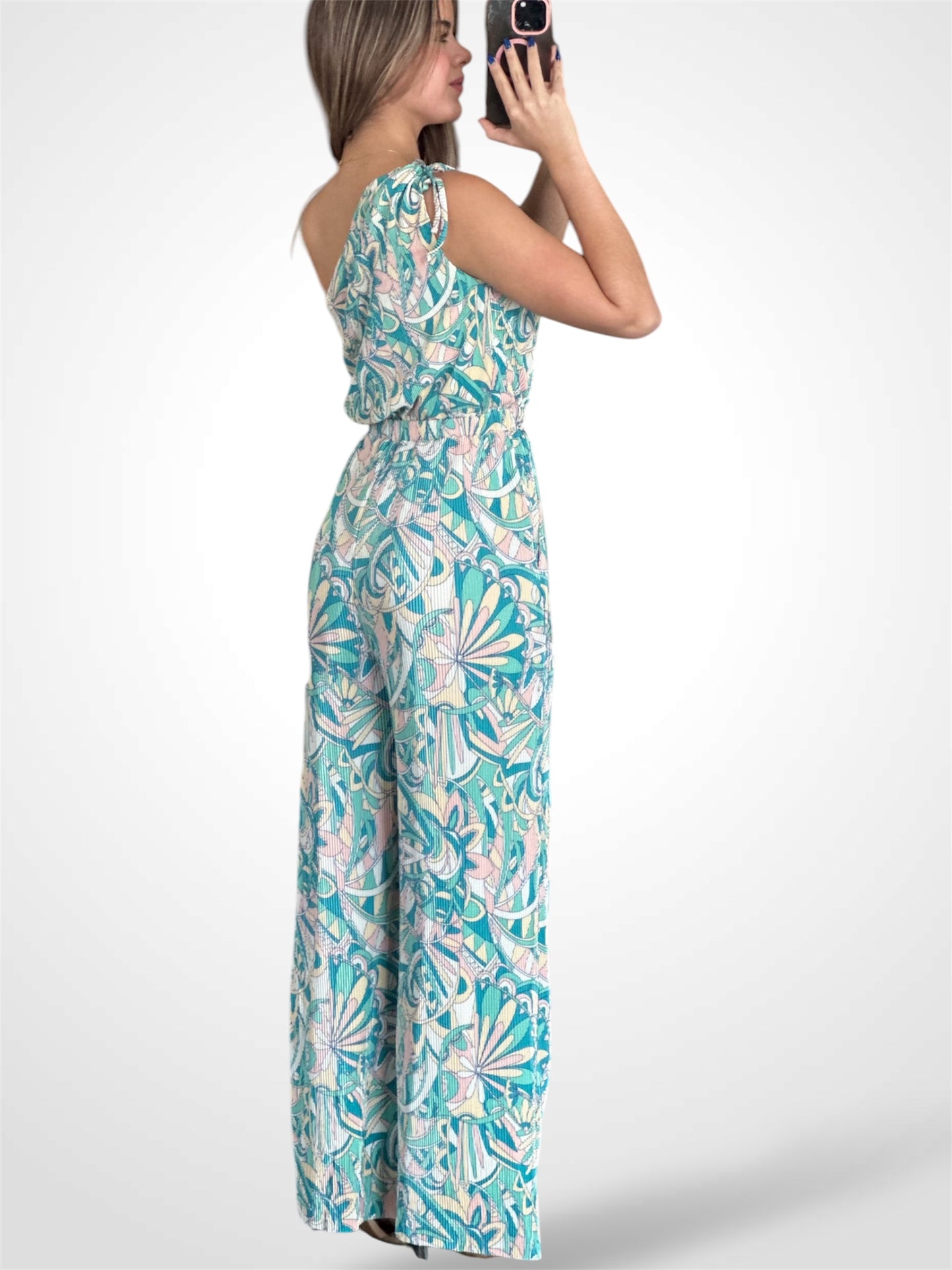 Printed Plisse One Shoulder Jumpsuit