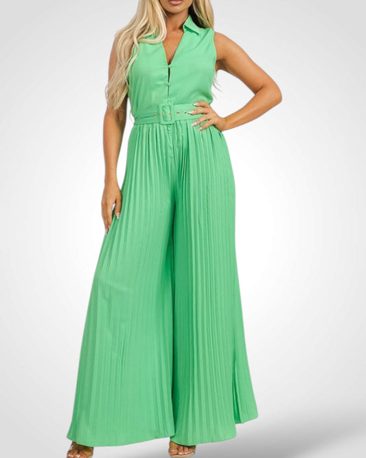 SOLID COLLARED PLEATS DETAIL WIDE LEG JUMPSUITS