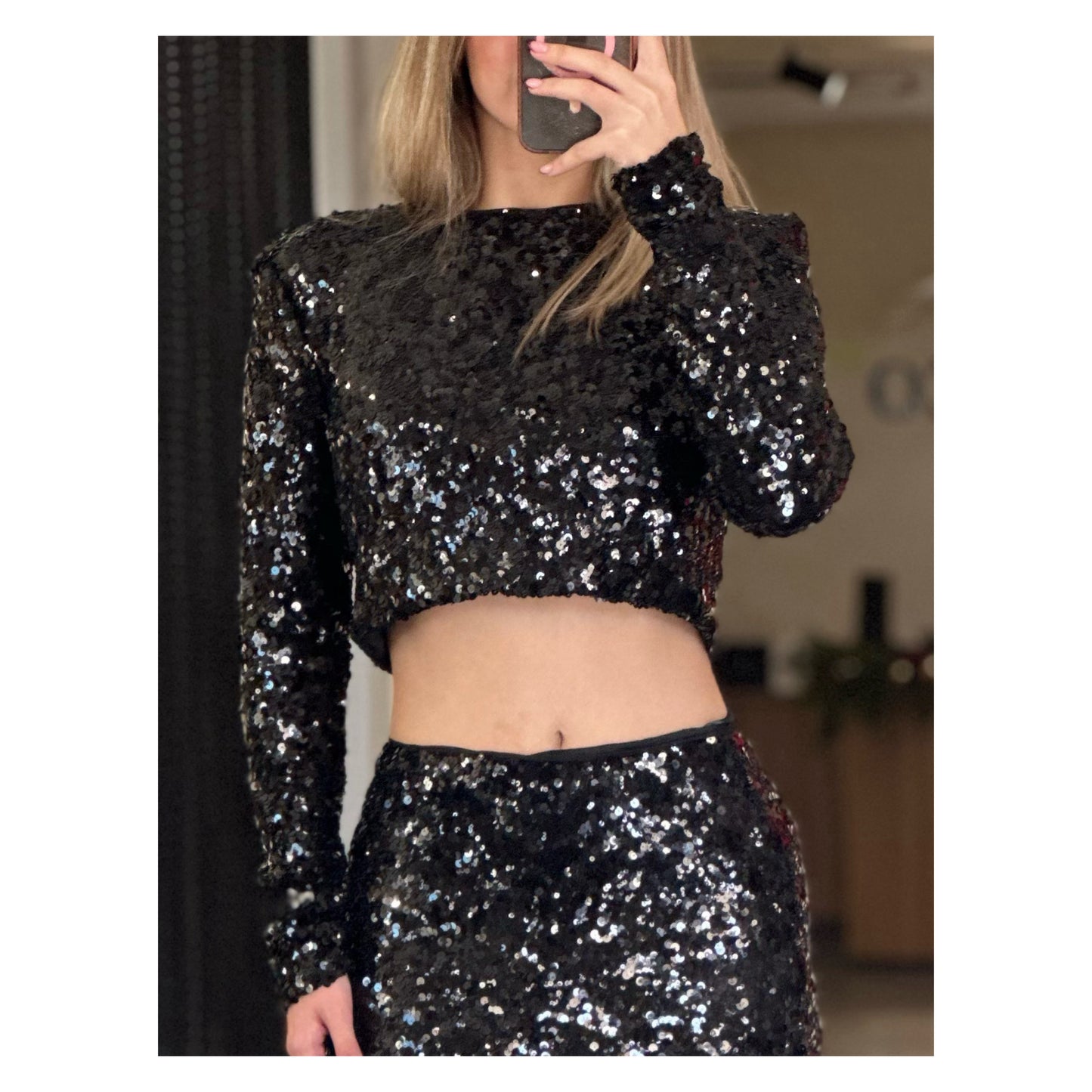 SEQUIN LONG SLEEVE CROP TOP AND MIDI SKIRT