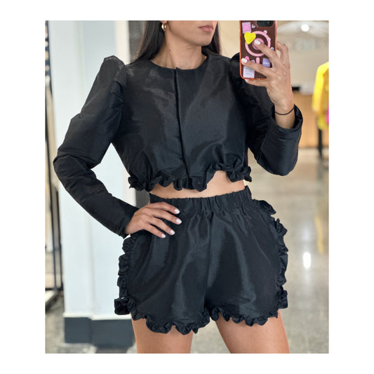 PUFF SLEEVE RUFFLE CROP JACKET TOP ABD SHORTS