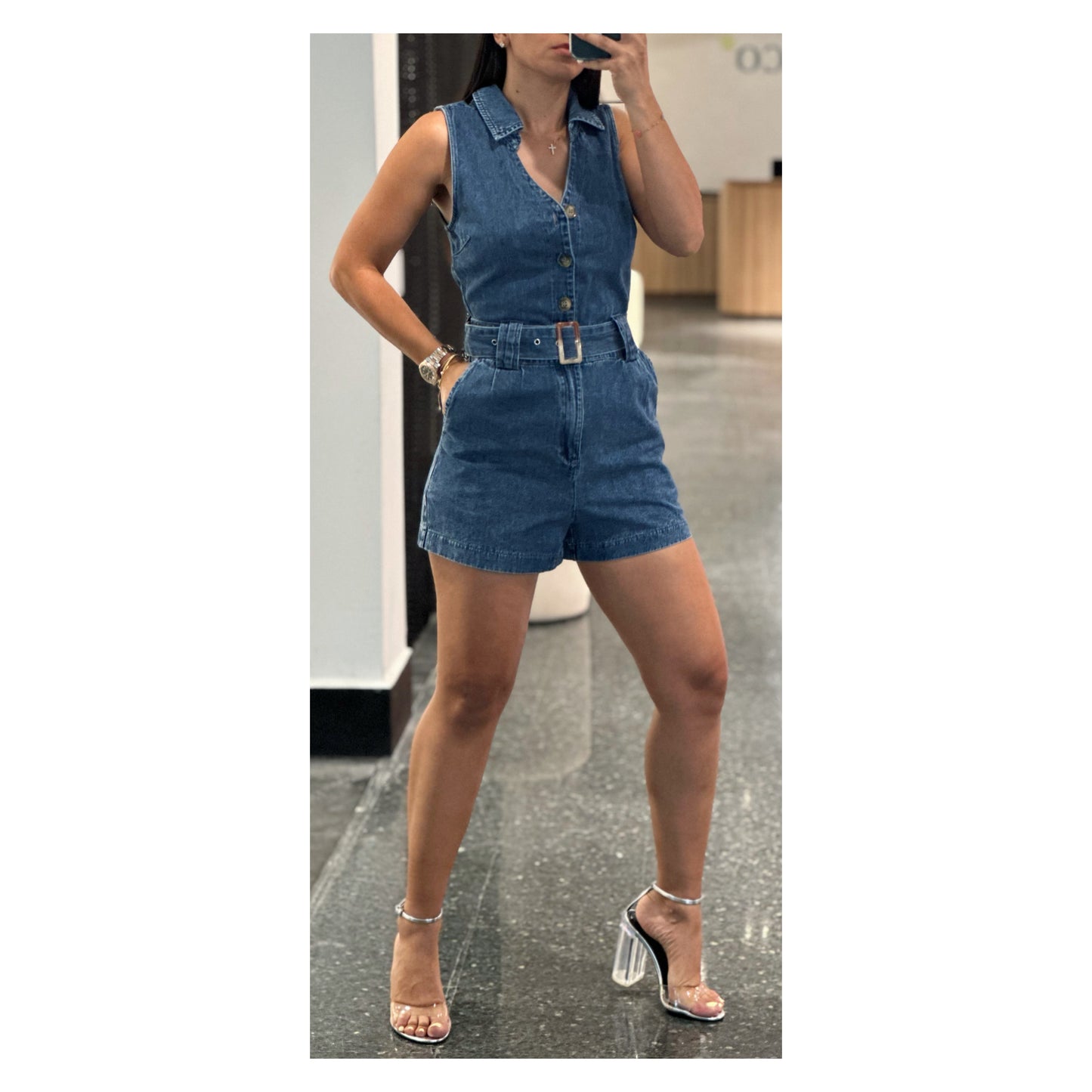 COLLARED DENIM ROMPER WITH BELT