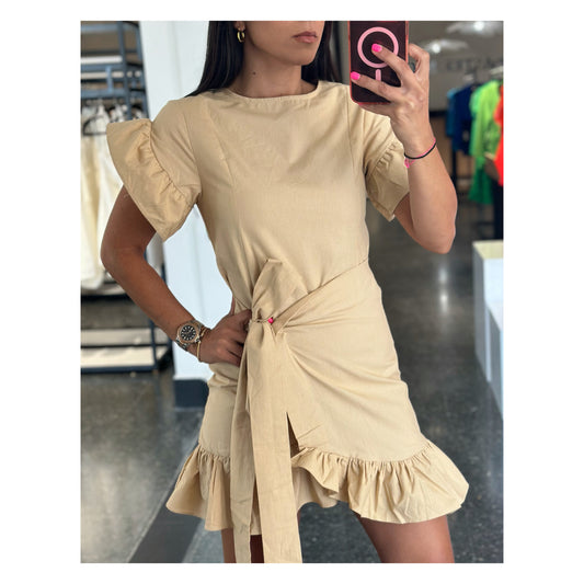 TAUPE WAIST WRAP MINI DRESS