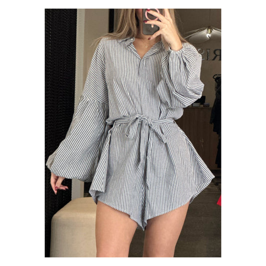 GREY LONG SLEEVE BUTTON UP SELF TIE STRIPES ROMPER