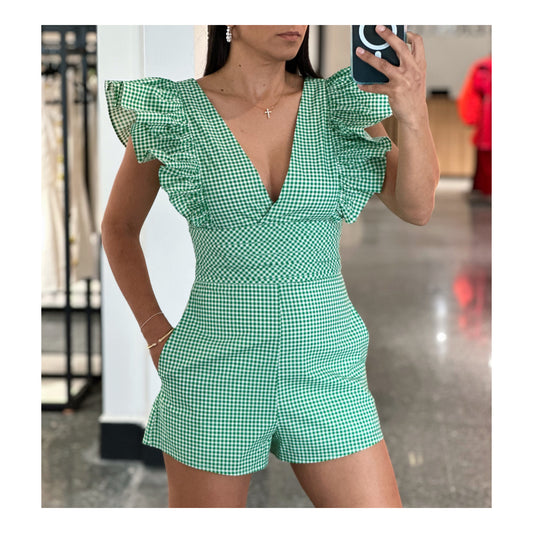 Green V-Neck Gingham Romper