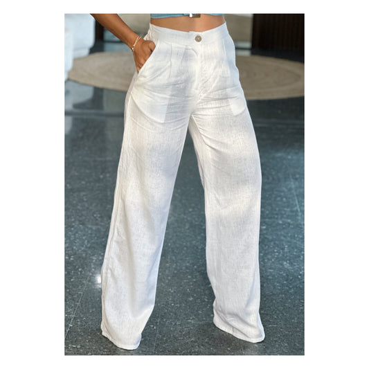 WHITE LINEN FRONT CREASED PANTS
