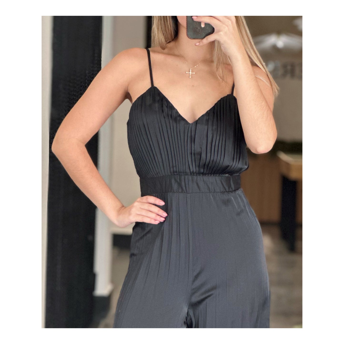 SATIN SPAGHETTI STRAP PLEATED WIDE LEG JUMPSUIT