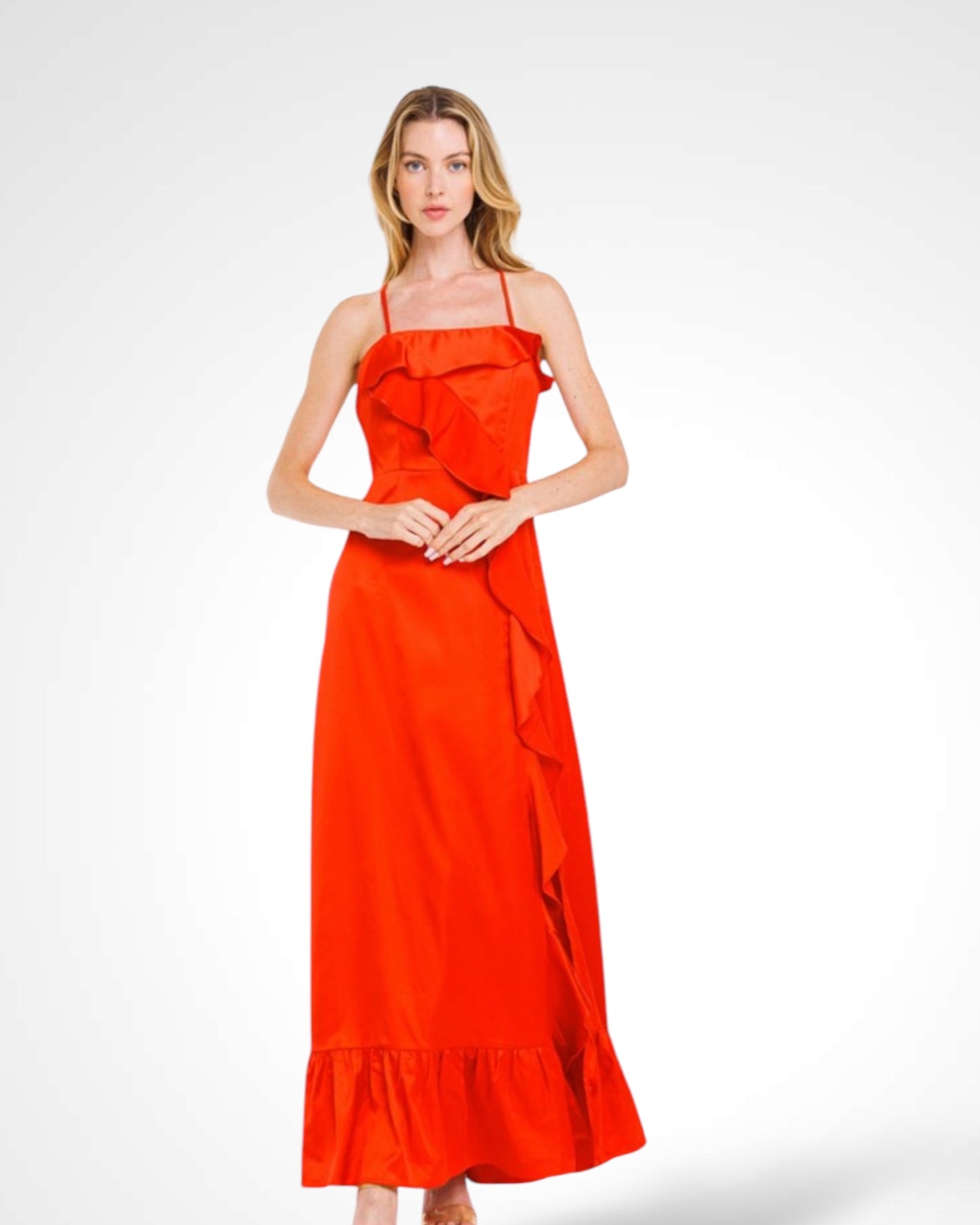 Satin Ruffle Maxi Dress