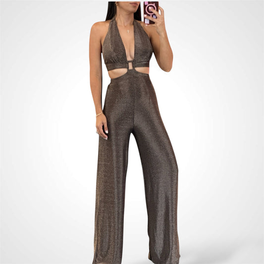 METALLIC KNIT HALTER CUT OUT WAIST OPEN/TIE BACK JUMPSUIT