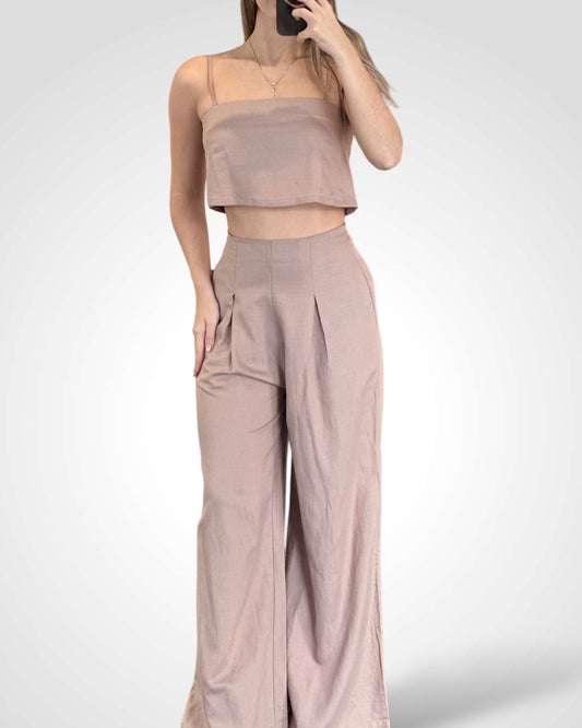 LINEN MIX CAMI CROP TOP AND WIDE LEG PANTS SET