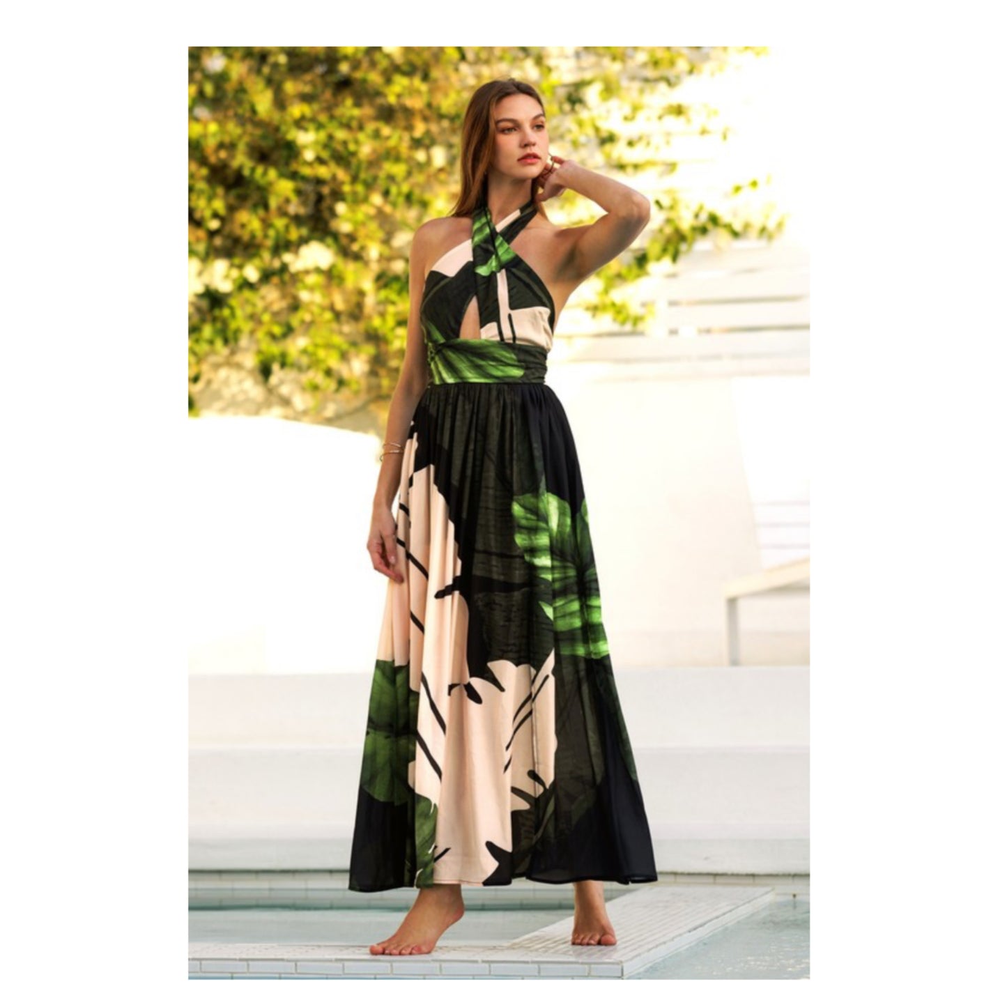 Tropical Palm Halter Maxi Dress