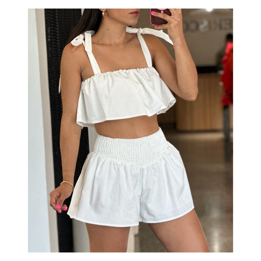 LINEN CROPPED TOP W SMOCKING BAND SHORTS