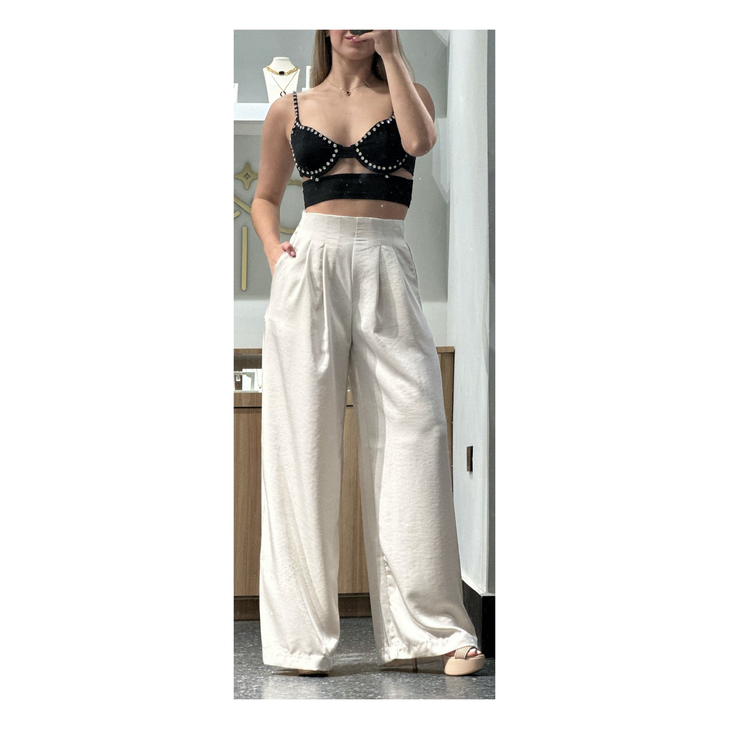 Cream Satin High Waist Pants