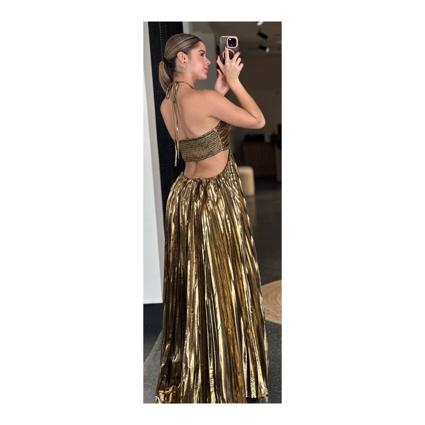 METALLIC PLEAT MAXI DRESS